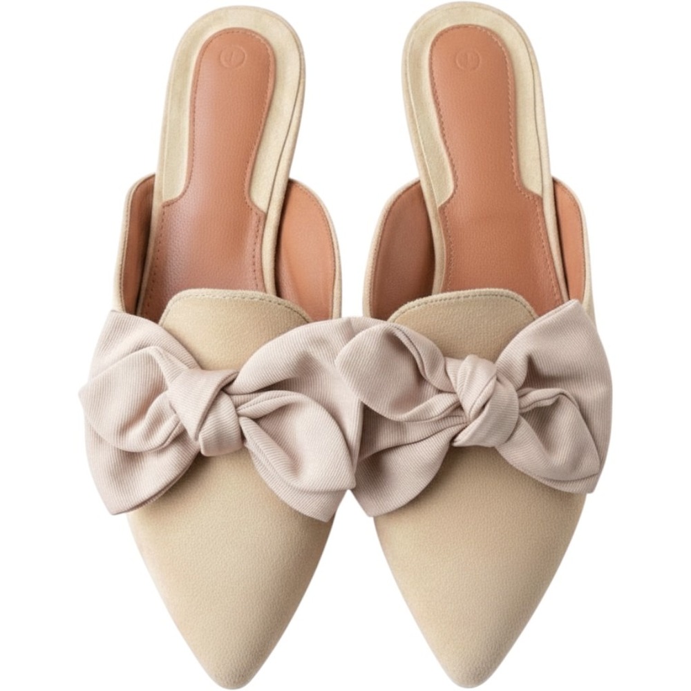 Tan Faux Suede Pointed Toe Mules with Oversized Ribbon‎ Bow Flats Size 7